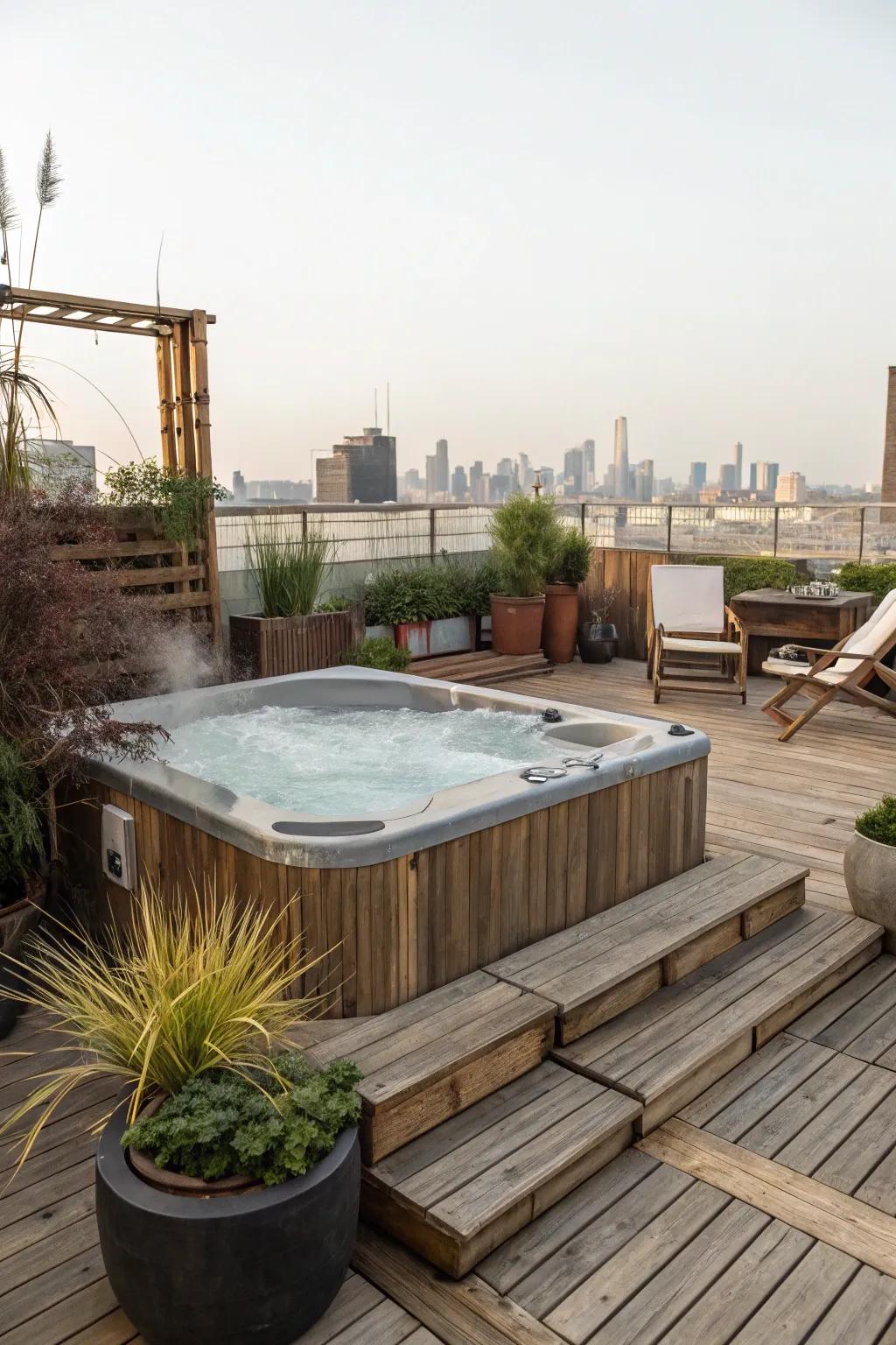 Add rustic charm to your rooftop jacuzzi with wooden decking and natural accents.