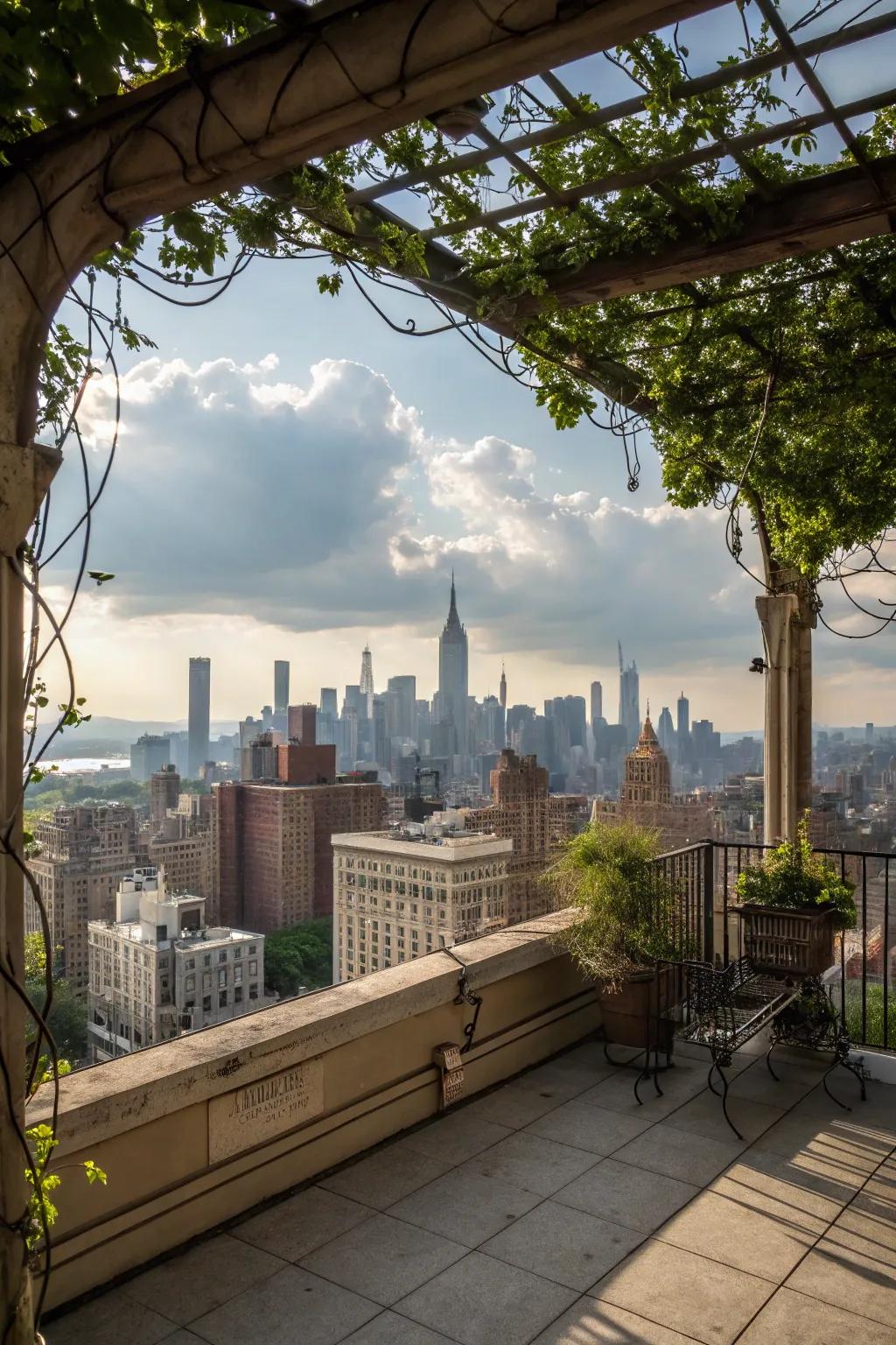 A pergola beautifully frames the cityscape, creating a stunning view.
