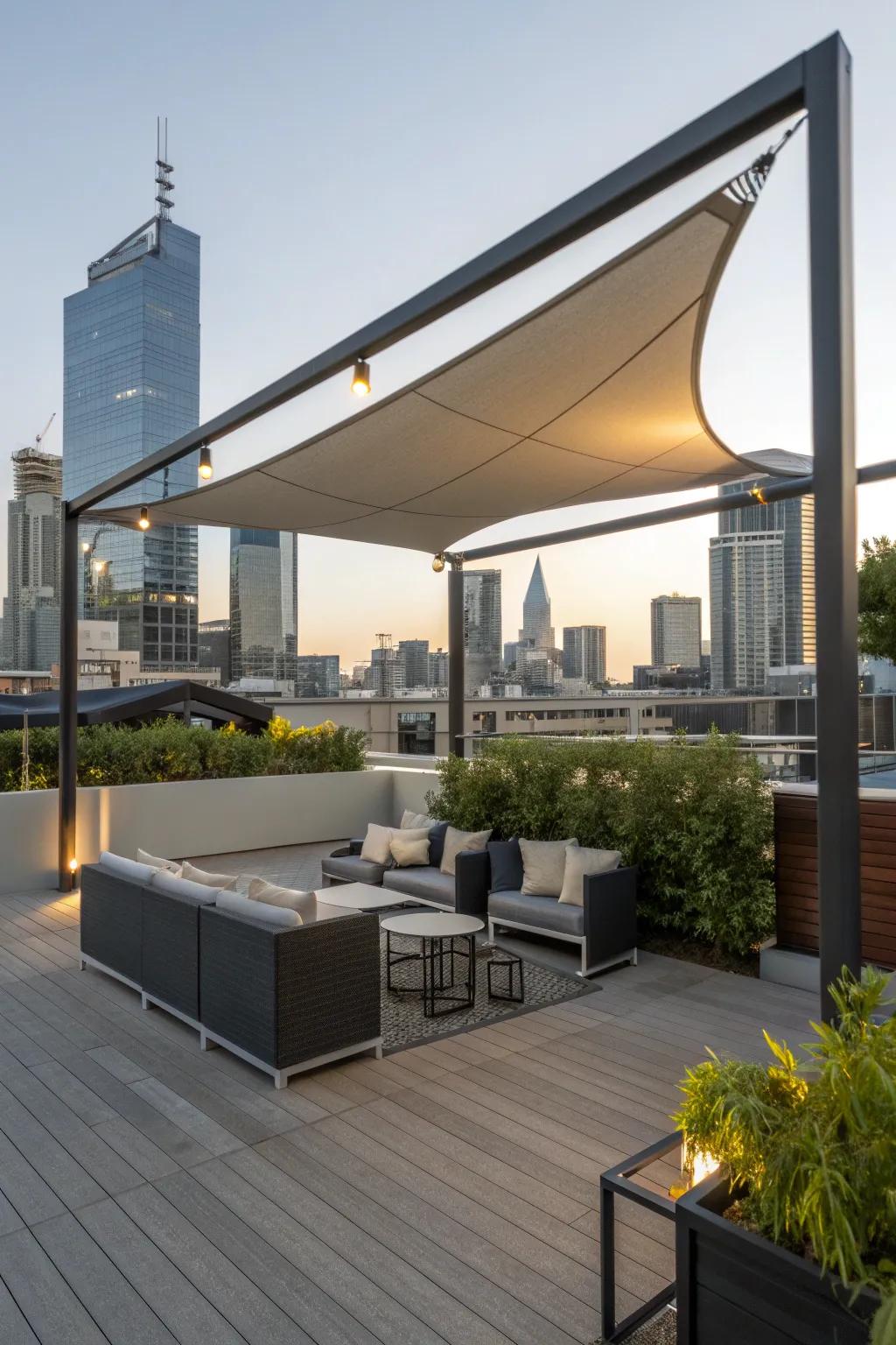 Achieve a contemporary aesthetic with tension fabric canopies.