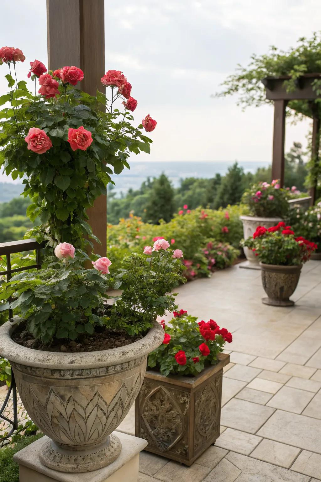 Container roses enhance this patio with vibrant blooms and flexibility in design.