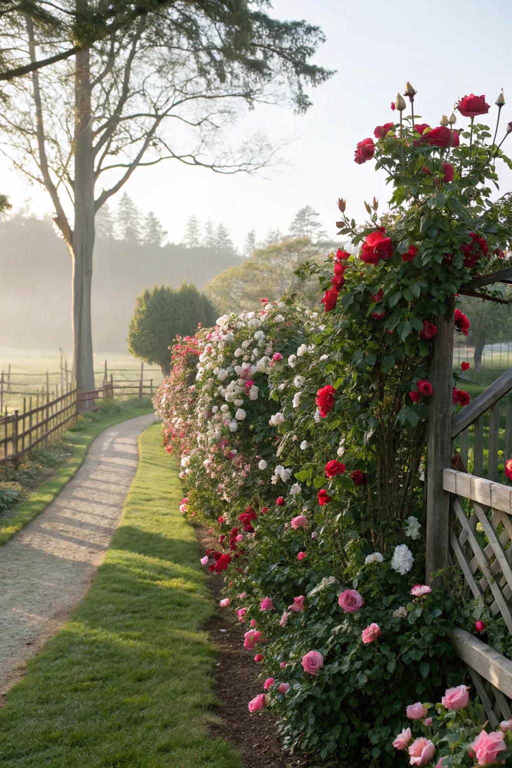 A living privacy screen made from tall rose bushes.