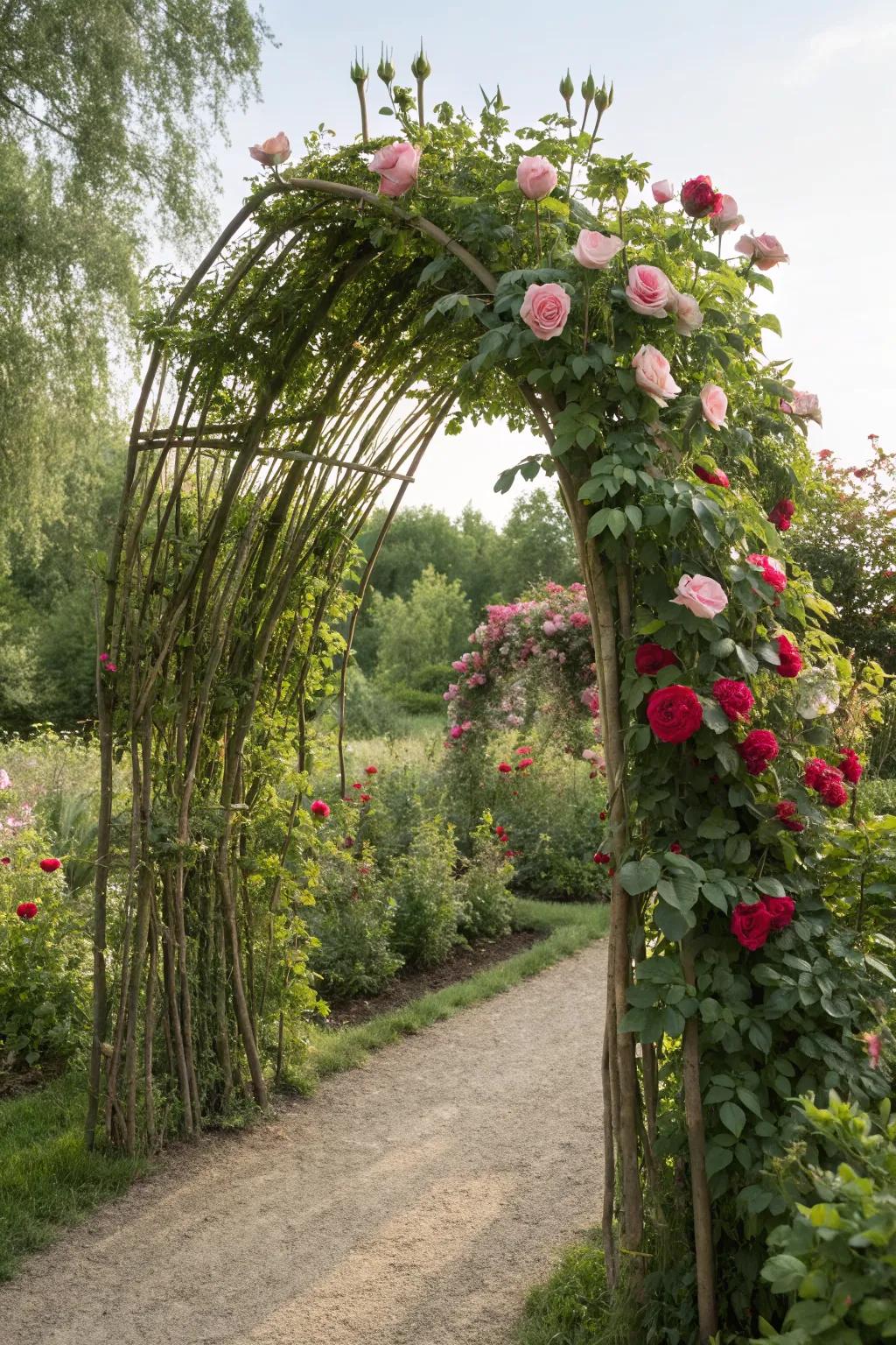 Eco-friendly willow structures supporting thriving roses.