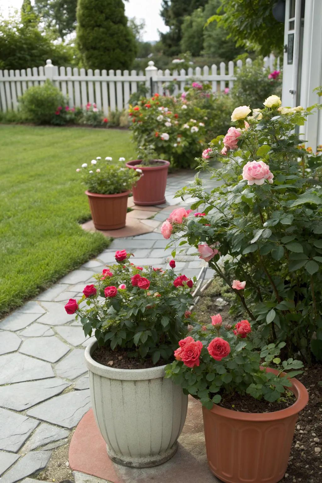 Miniature rose containers add charm to a small space.