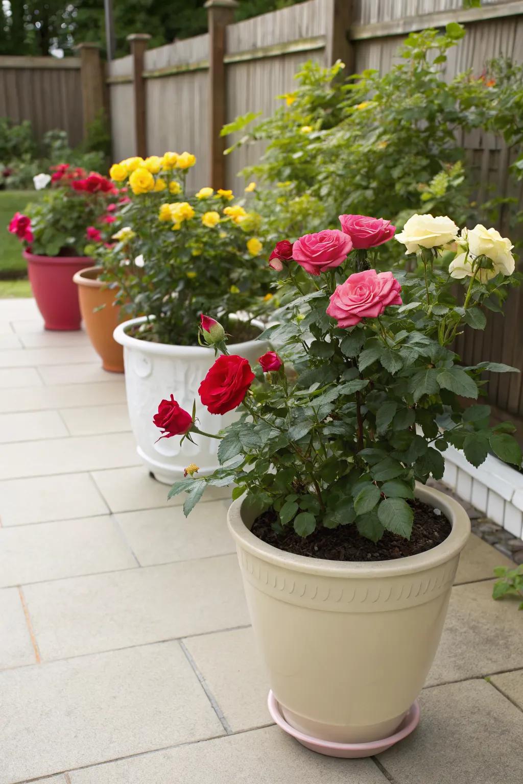 Potted roses are a flexible and colorful addition to any garden space.