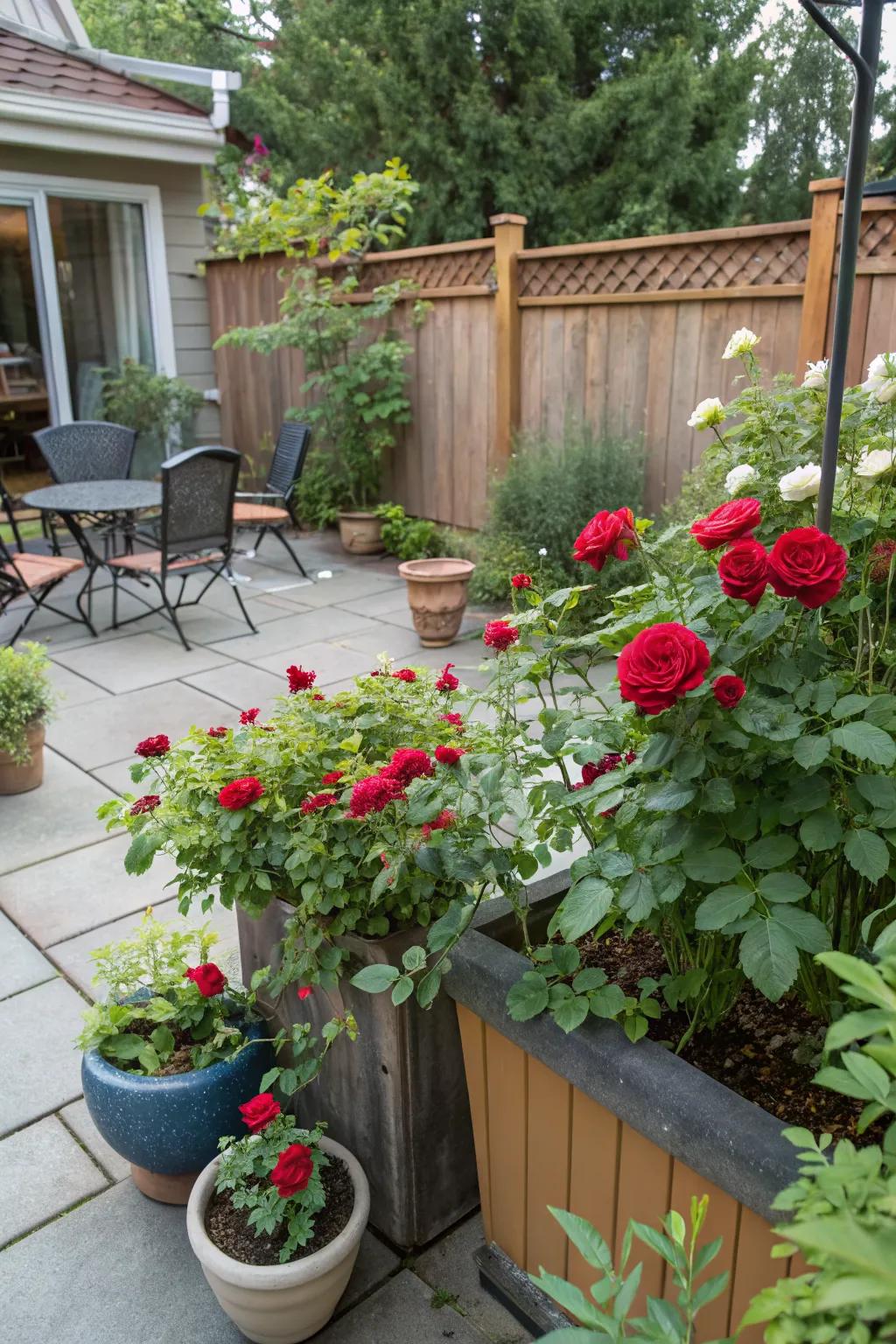 Container roses adding beauty to a small patio space.