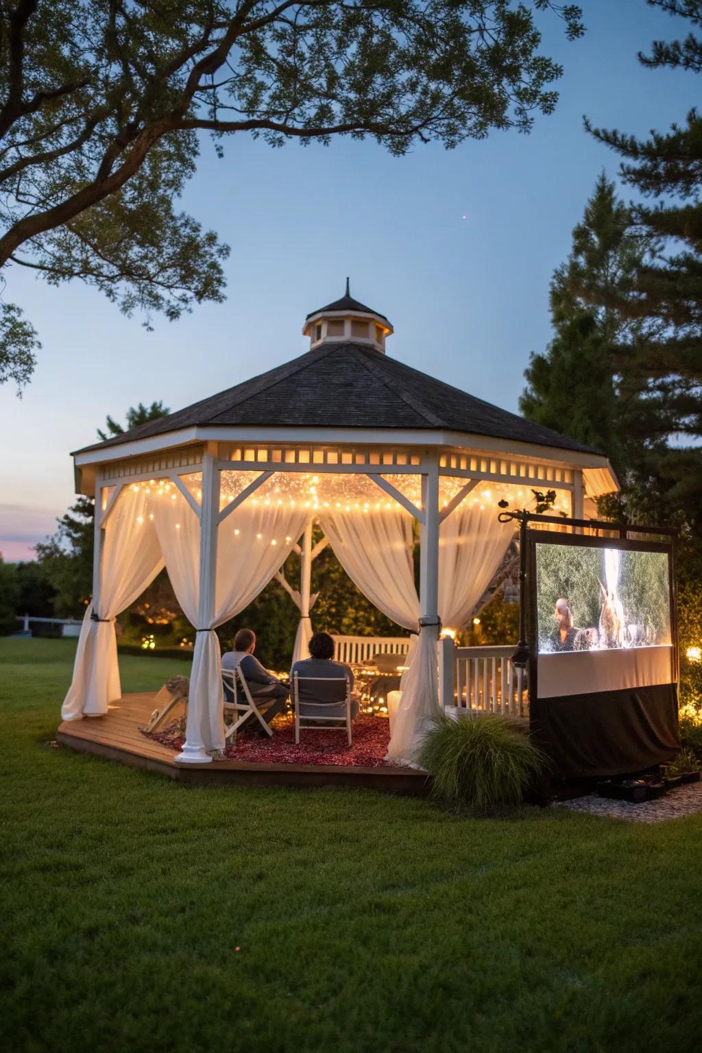 A round gazebo transformed into an enchanting outdoor movie theater.