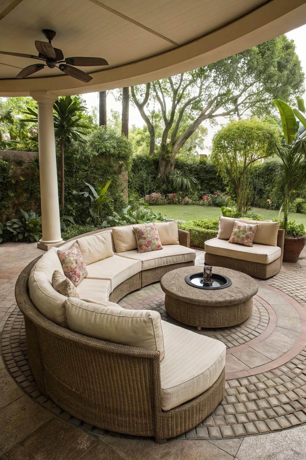 A round patio featuring a circular lounge setup, ideal for relaxation.