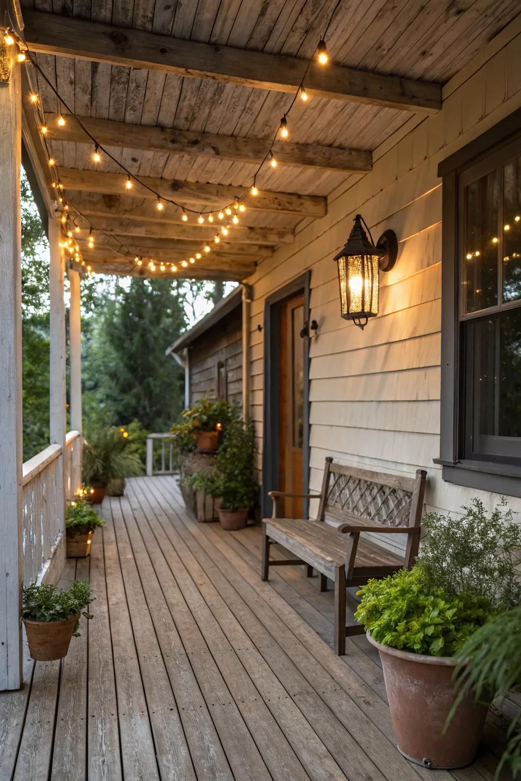 String lights add a warm glow, perfect for evening relaxation.