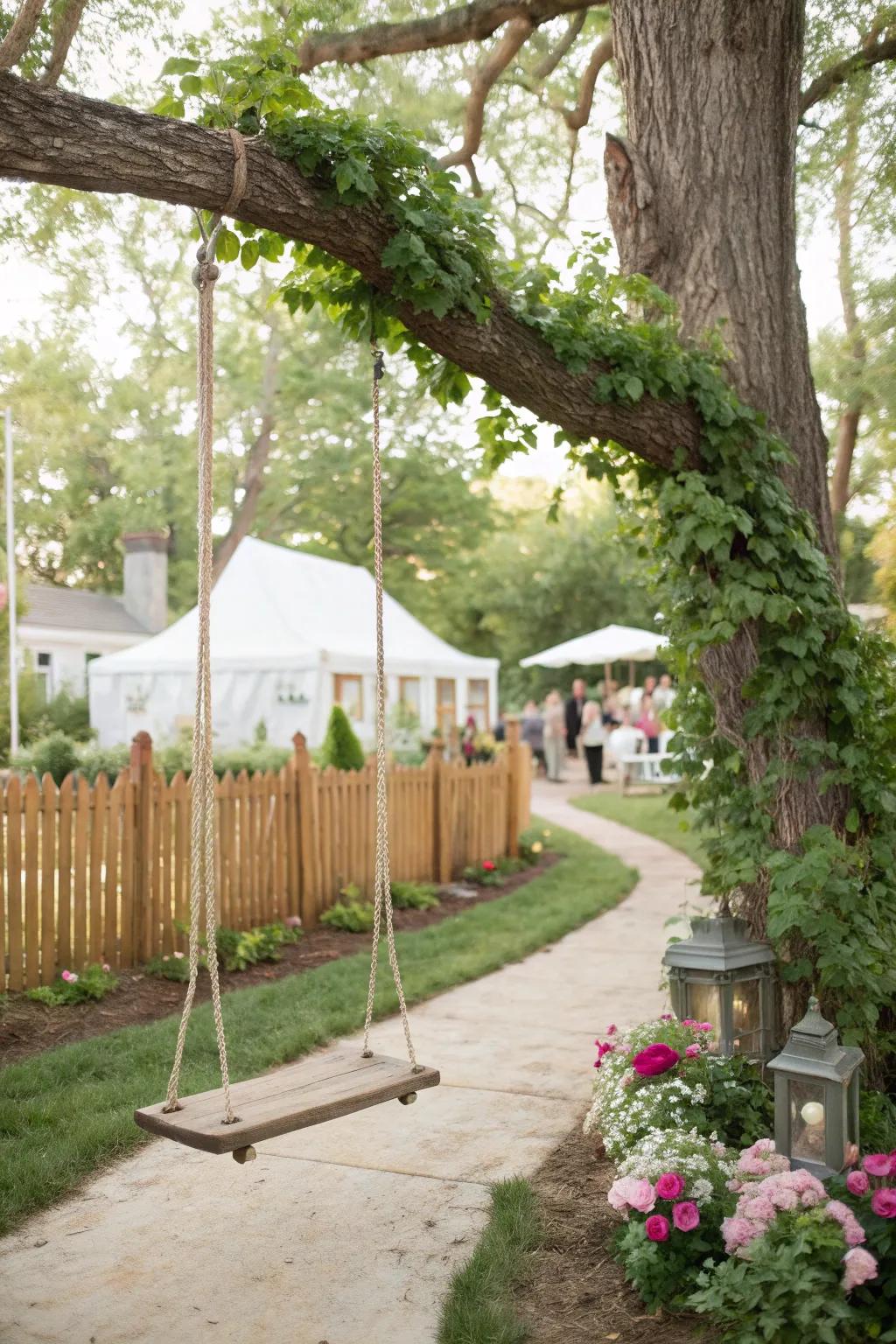 A whimsical vintage swing at a rustic backyard wedding.
