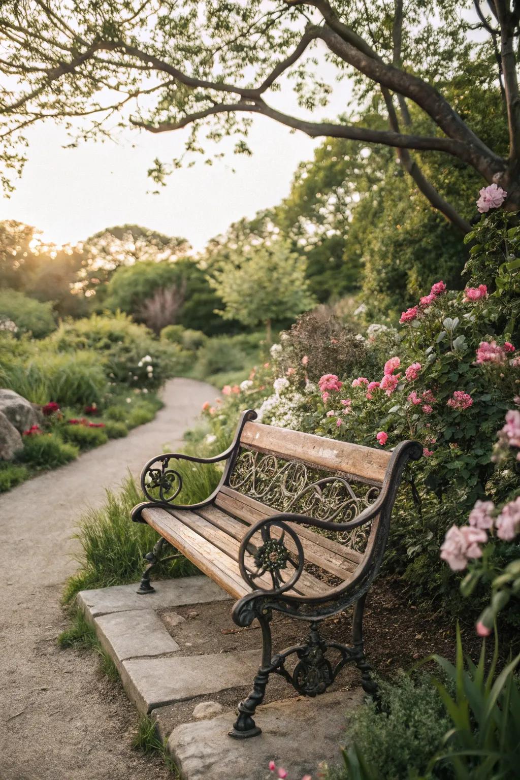 Add a touch of romance with vintage iron details on your bench.