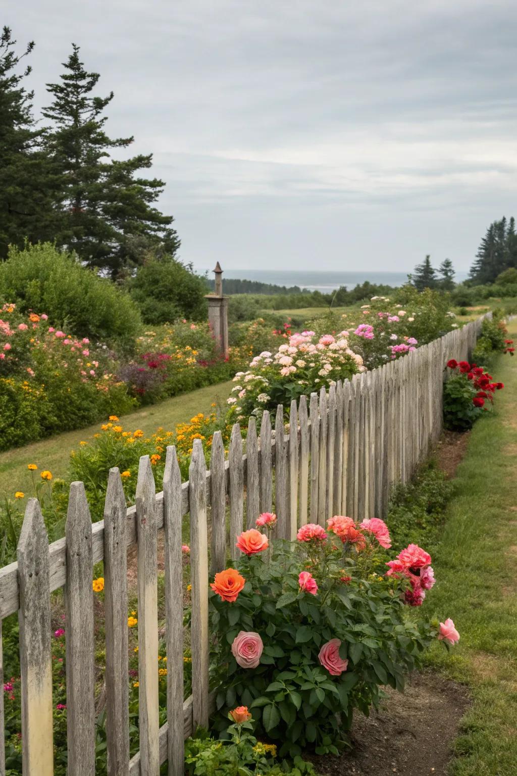 A charming cedar picket fence enclosing a garden.