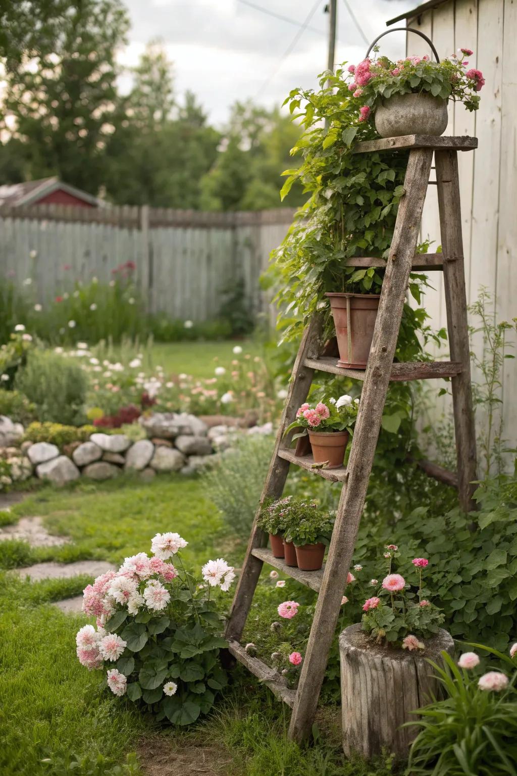 Vintage ladder as a plant stand in a garden