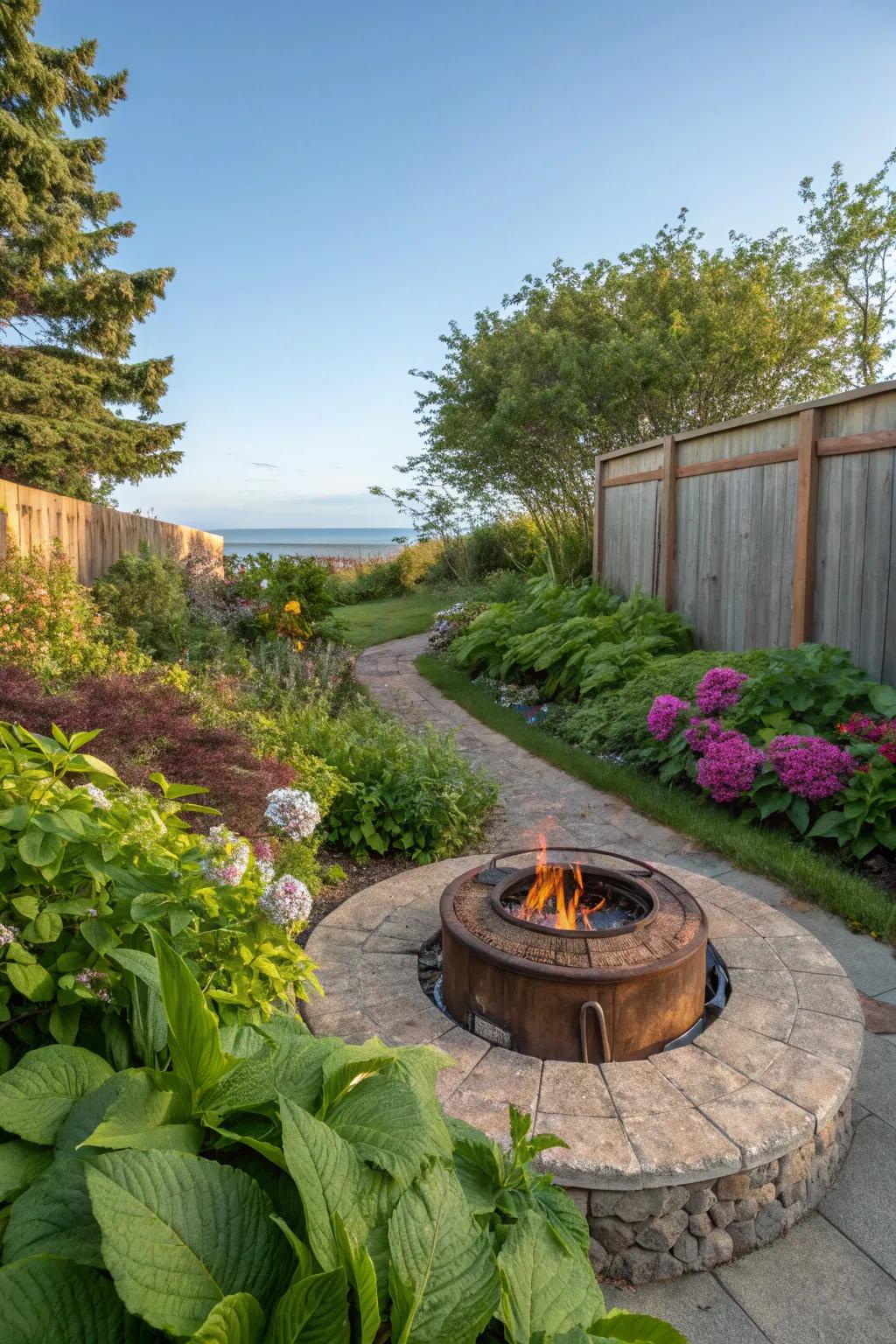 Integrating a fire pit into the garden creates a seamless outdoor retreat.