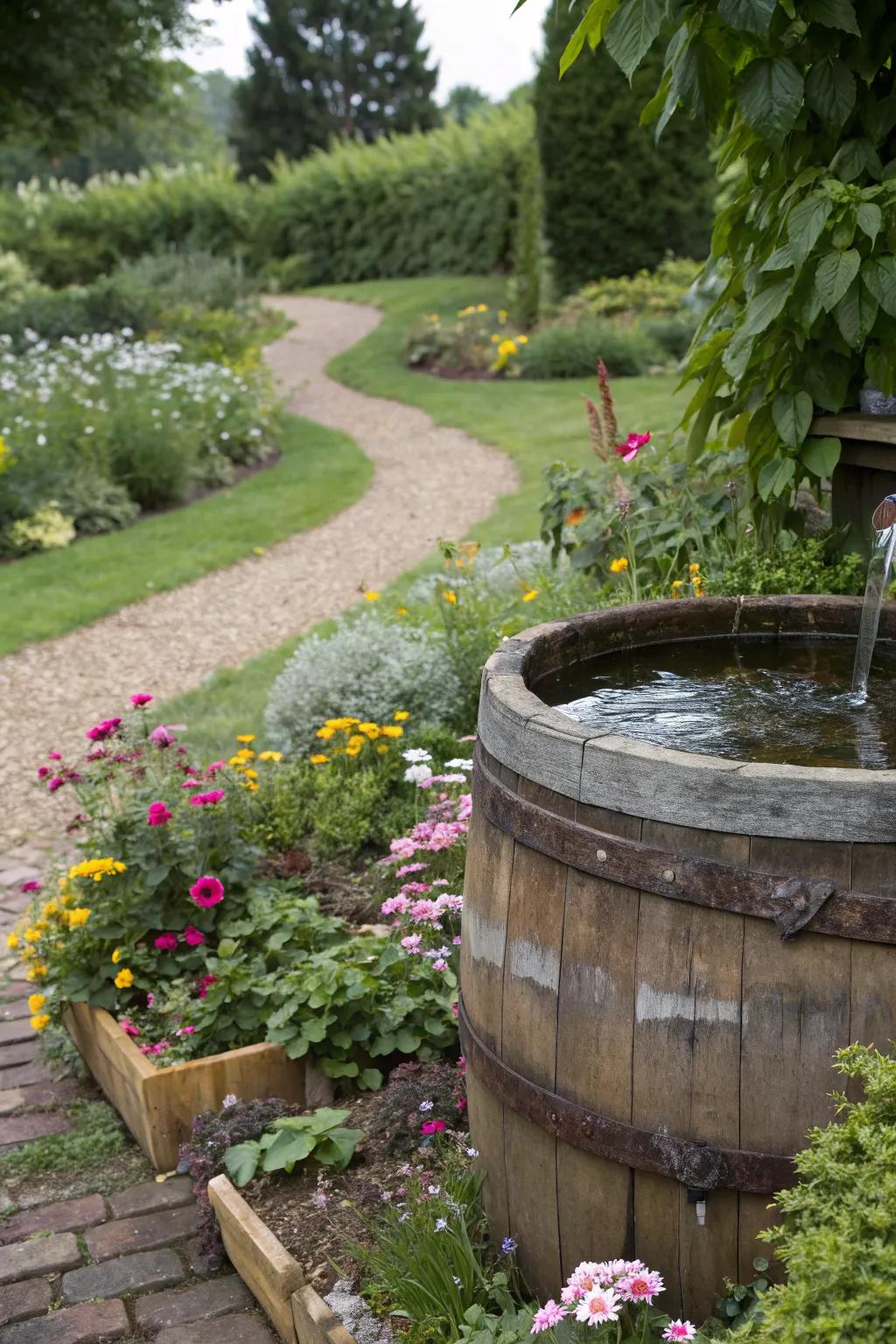 A half barrel water feature adds tranquility to this rustic garden.