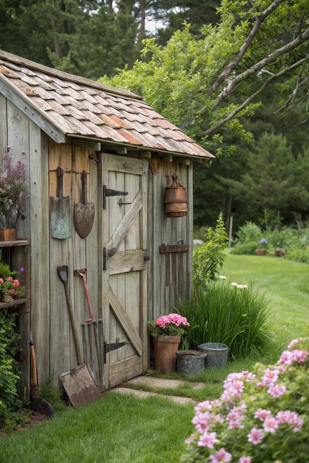 Vintage garden tools add character to this rustic garden shed.