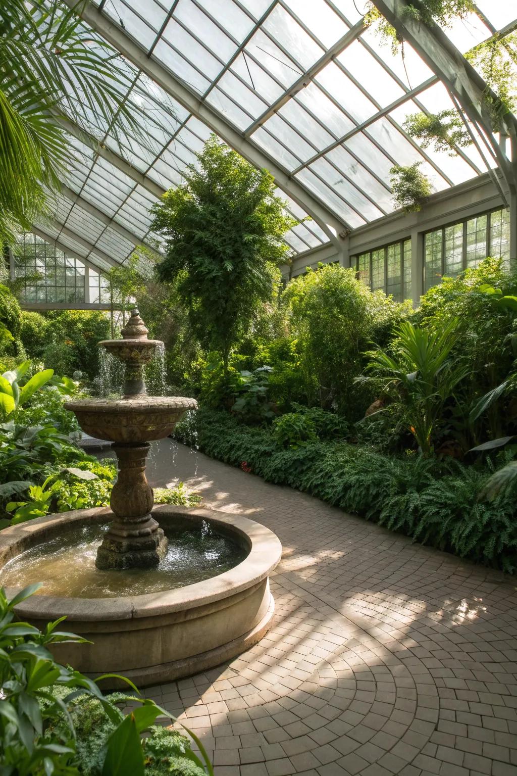 A water feature adds tranquility to the greenhouse environment.