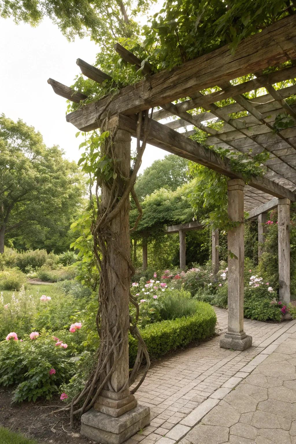 Pergolas offer shade and a charming backdrop in rustic landscapes.