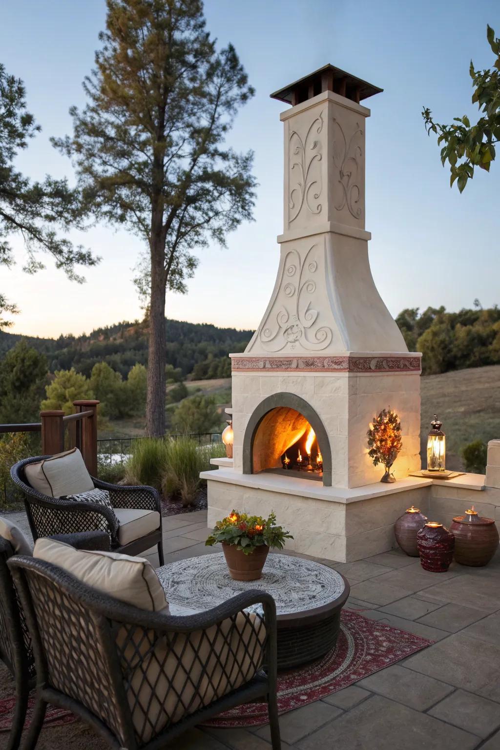 An artistic chimney adds a touch of uniqueness and charm to the fireplace.