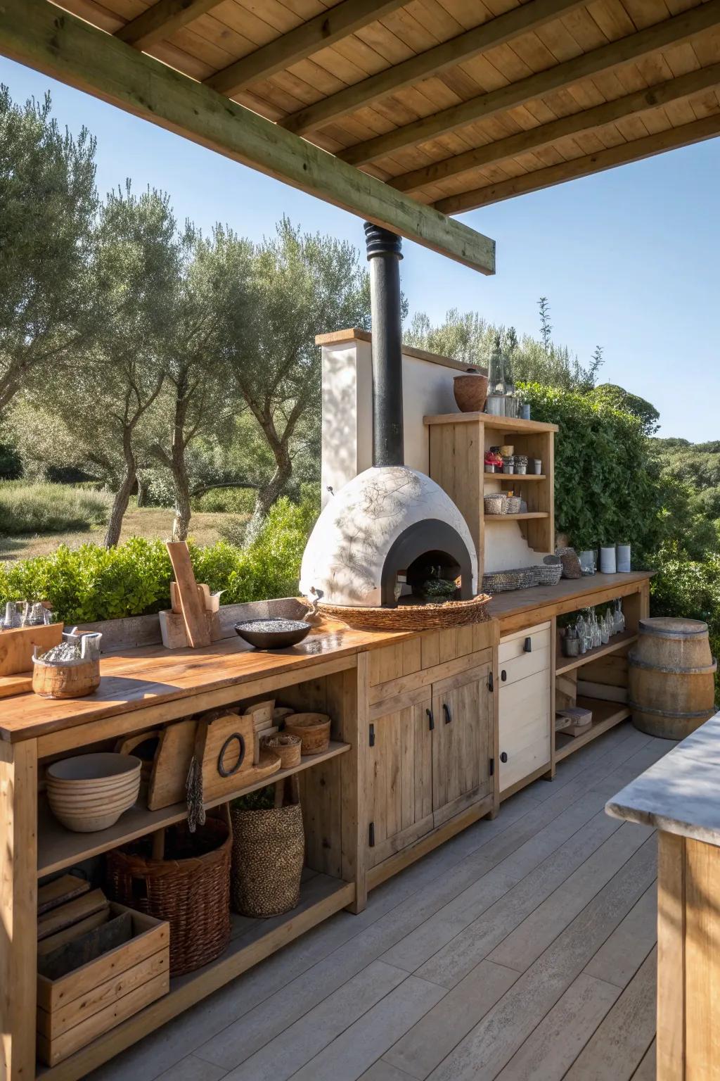 A pizza oven adds charm and functionality to the kitchen.