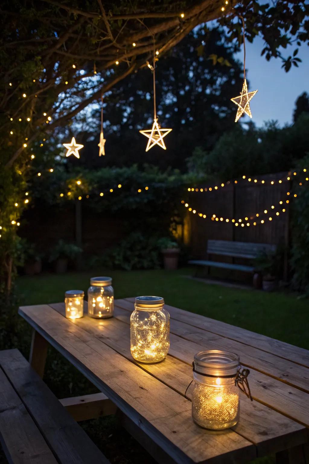 Eco-friendly solar mason jar lights illuminating a garden table.