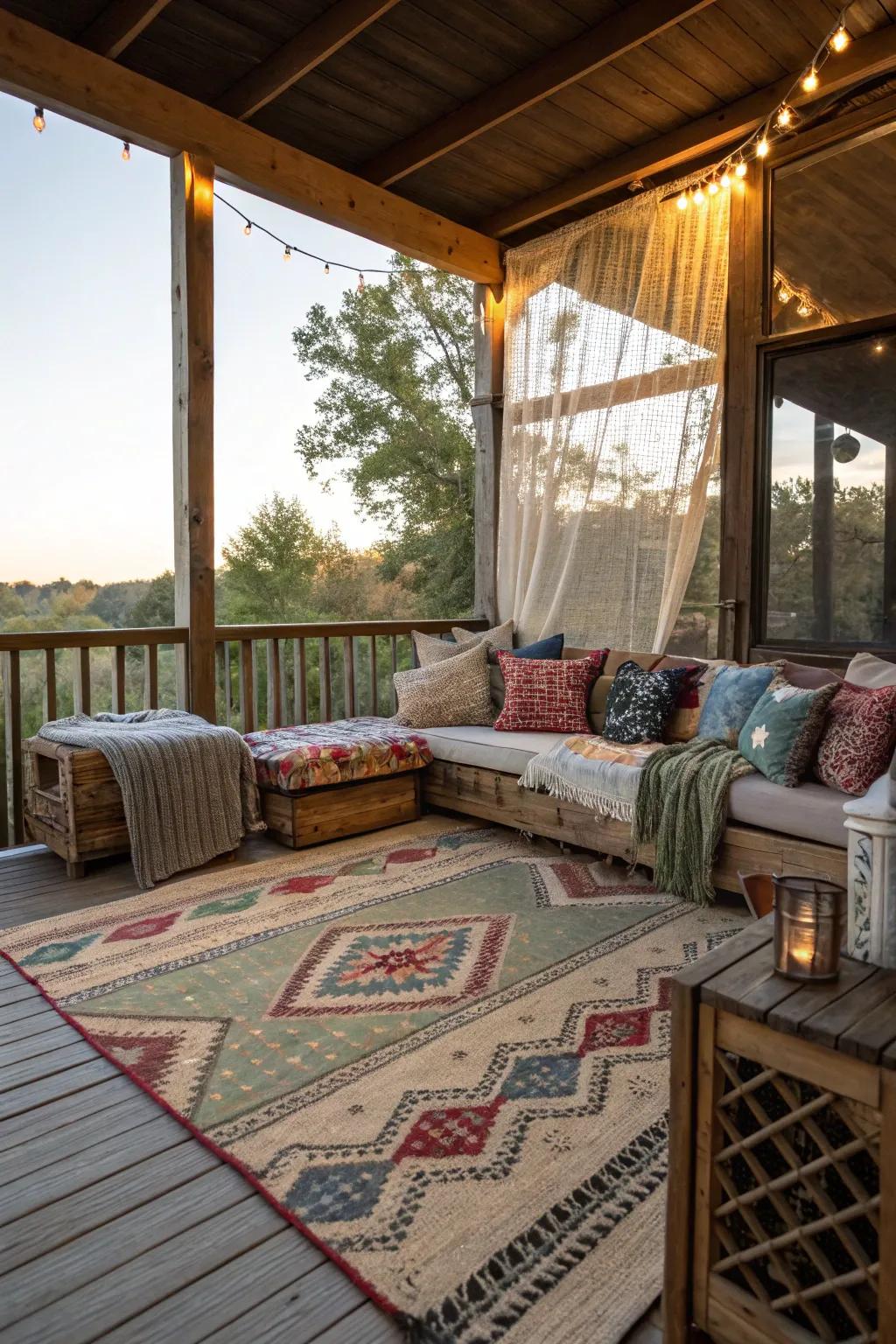 Layered rugs add color and define spaces.