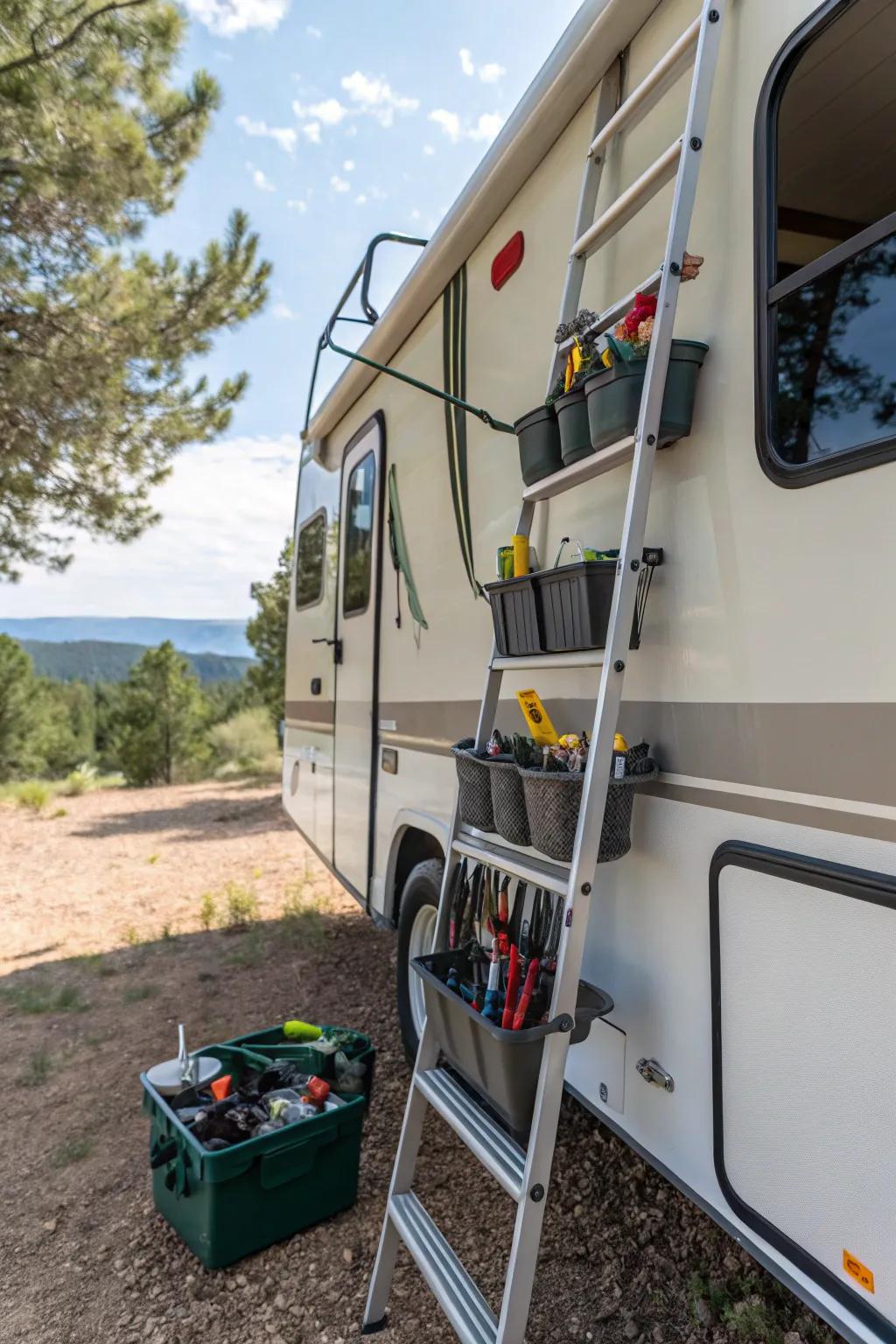 Ladder-mounted bins keep small items within reach.