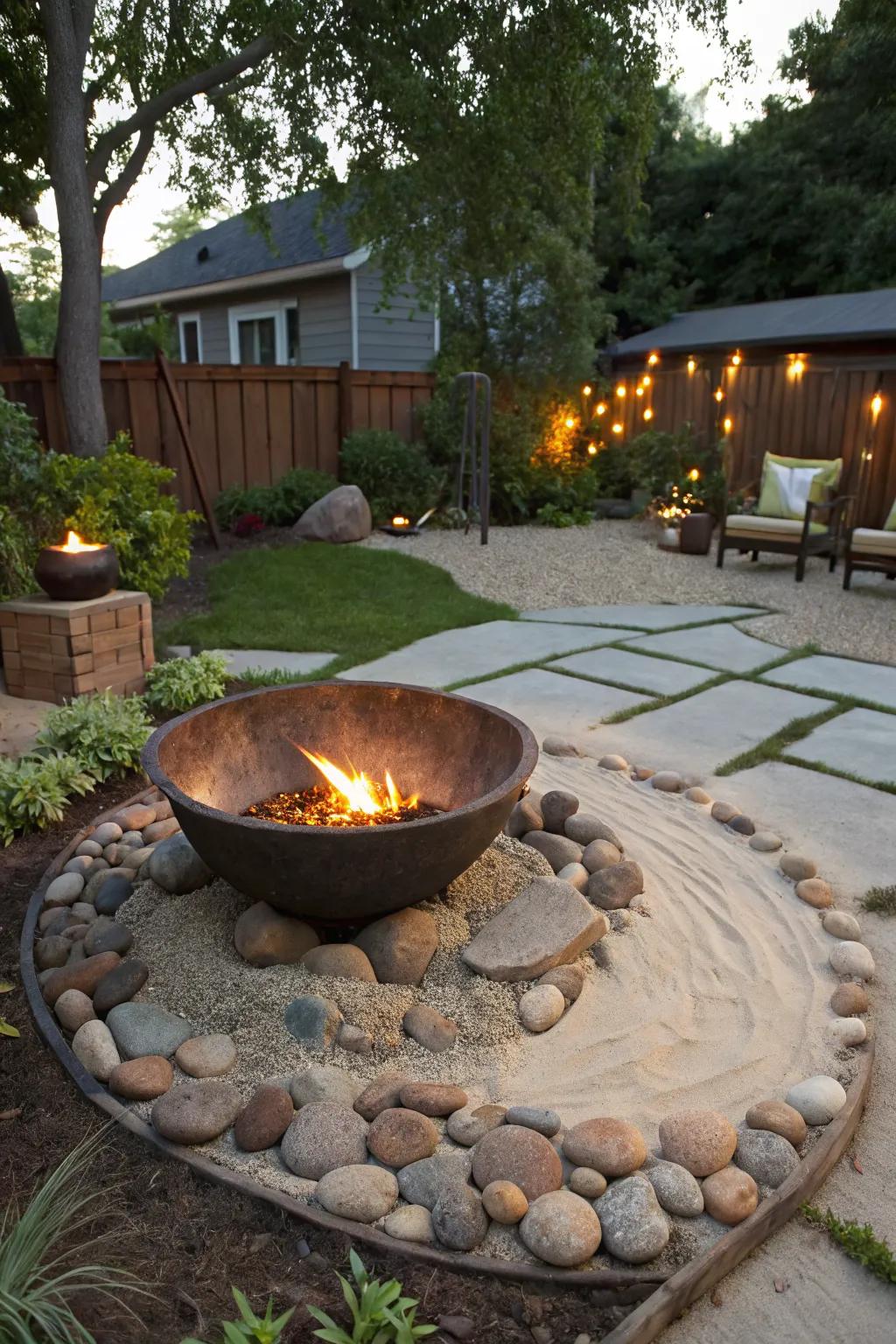 Cozy up around a sand and stone fire bowl.