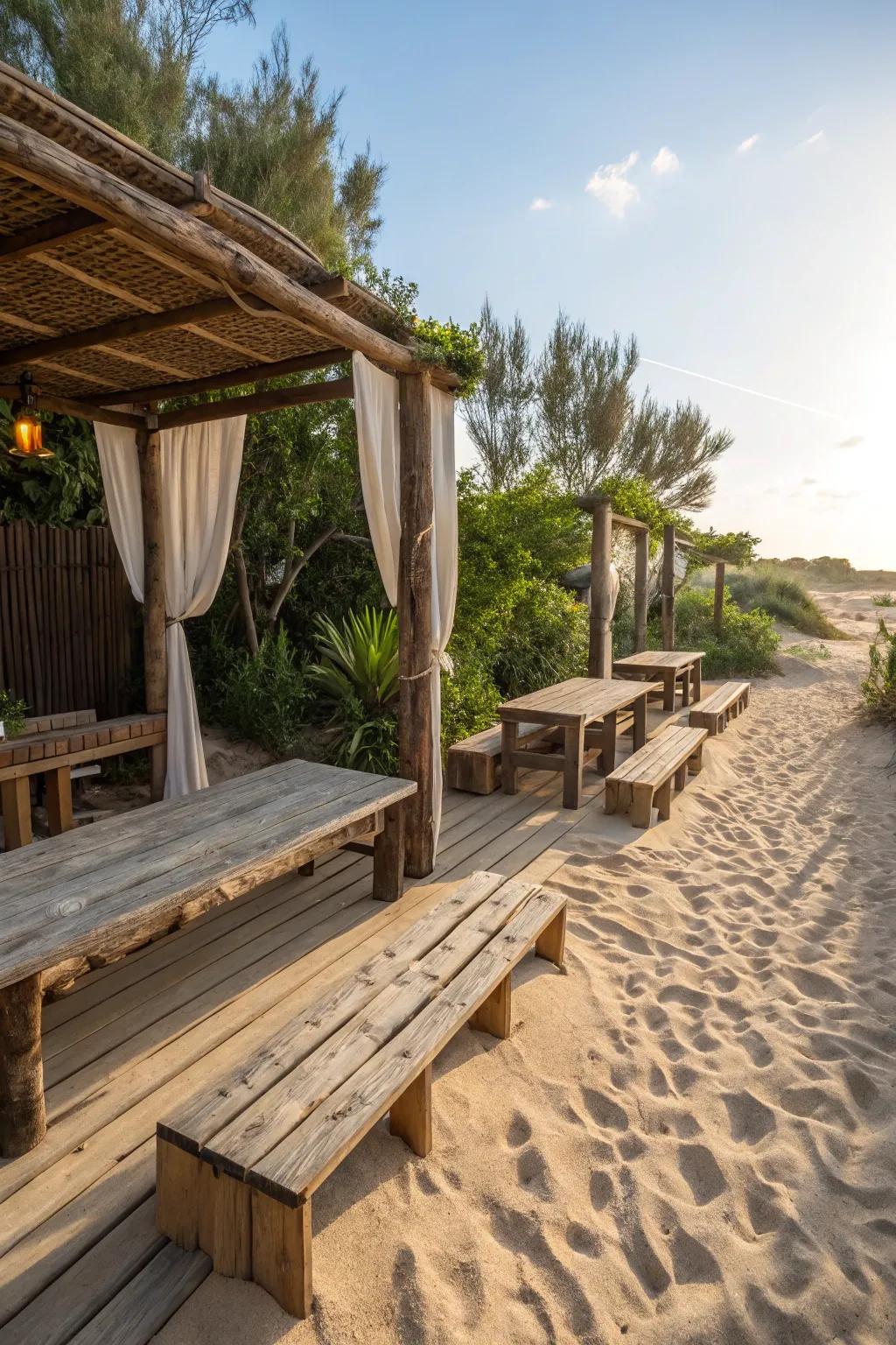 Rustic wood elements complement the soft texture of sand.