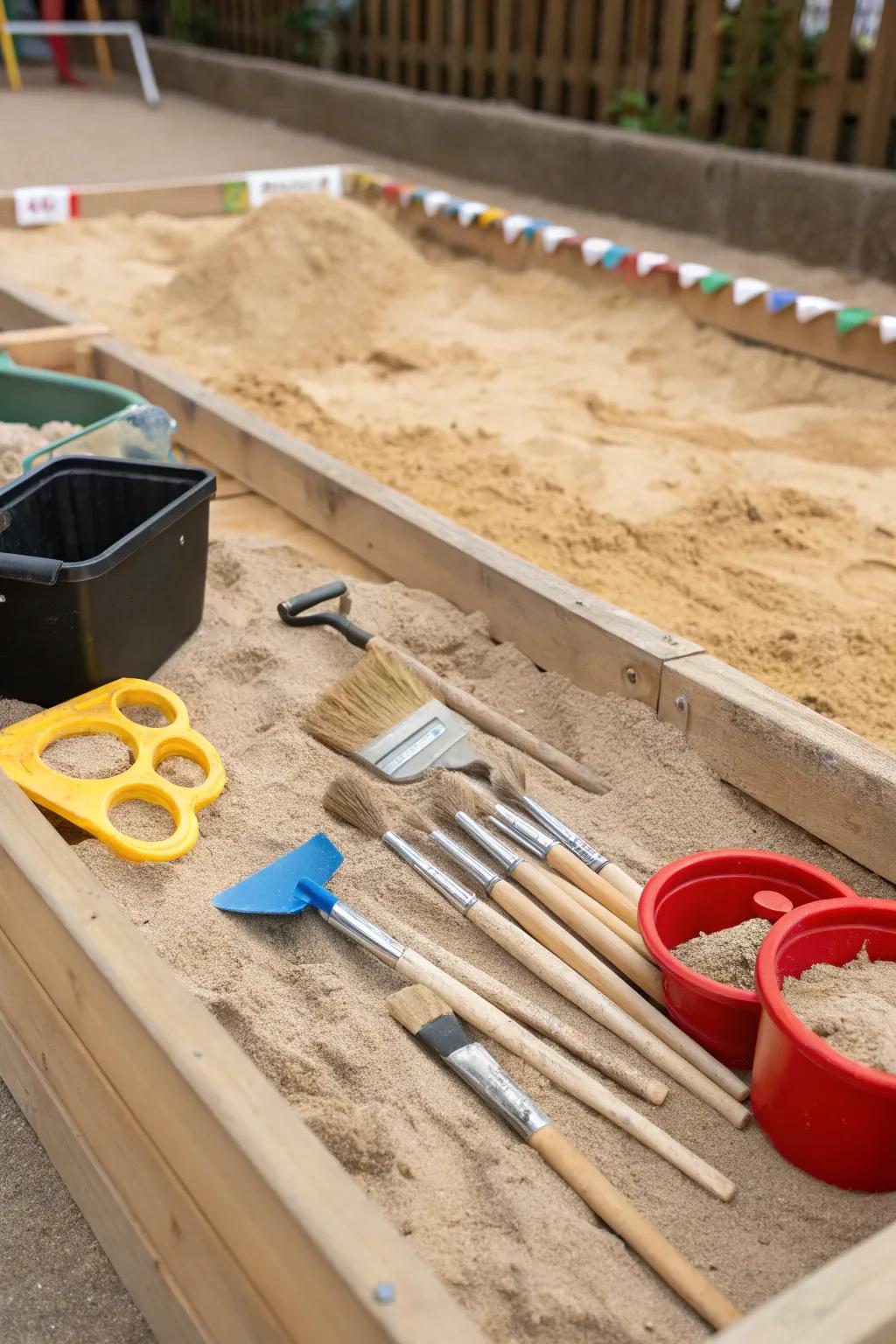 A sand pit transformed into a creative sand art studio.