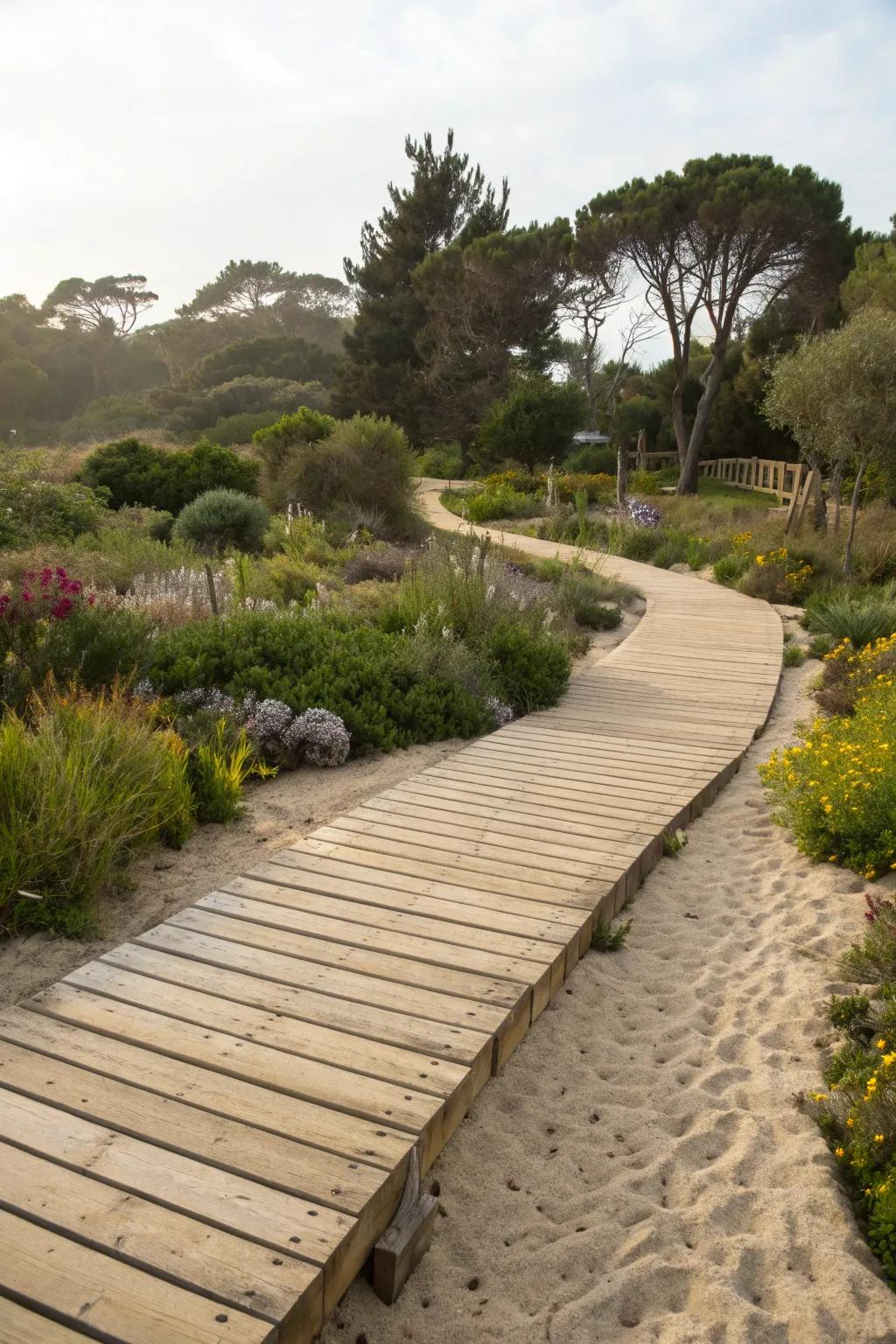 Elevated sand walkway adding dimension to the garden.