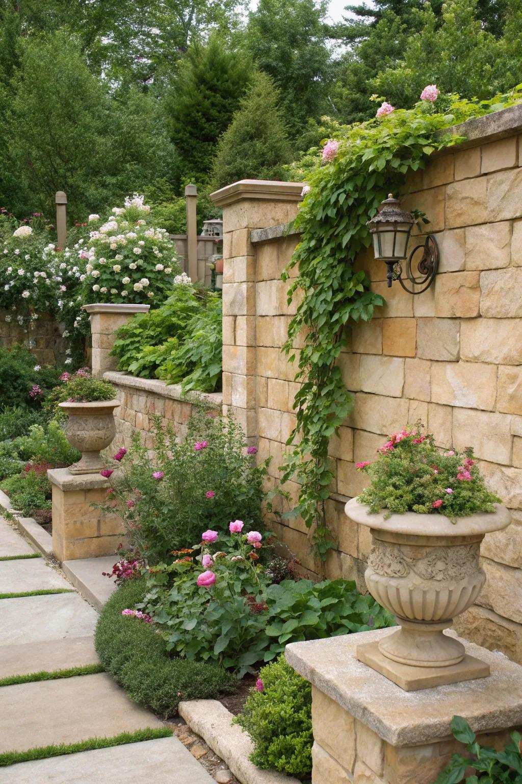 A striking sandstone accent wall adding depth.