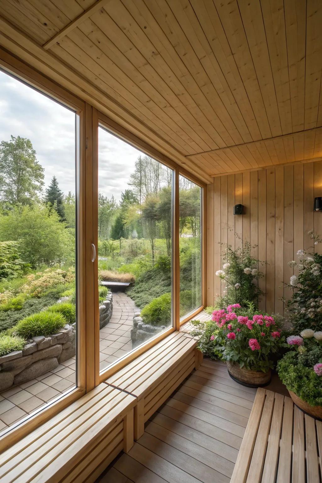 Floor-to-ceiling windows bring the beauty of the outdoors inside your sauna.