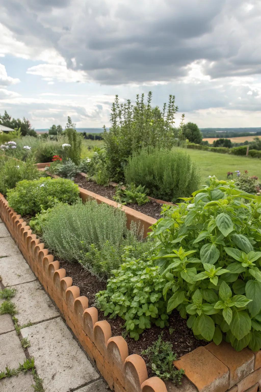 Organized herb garden with scalloped bricks.