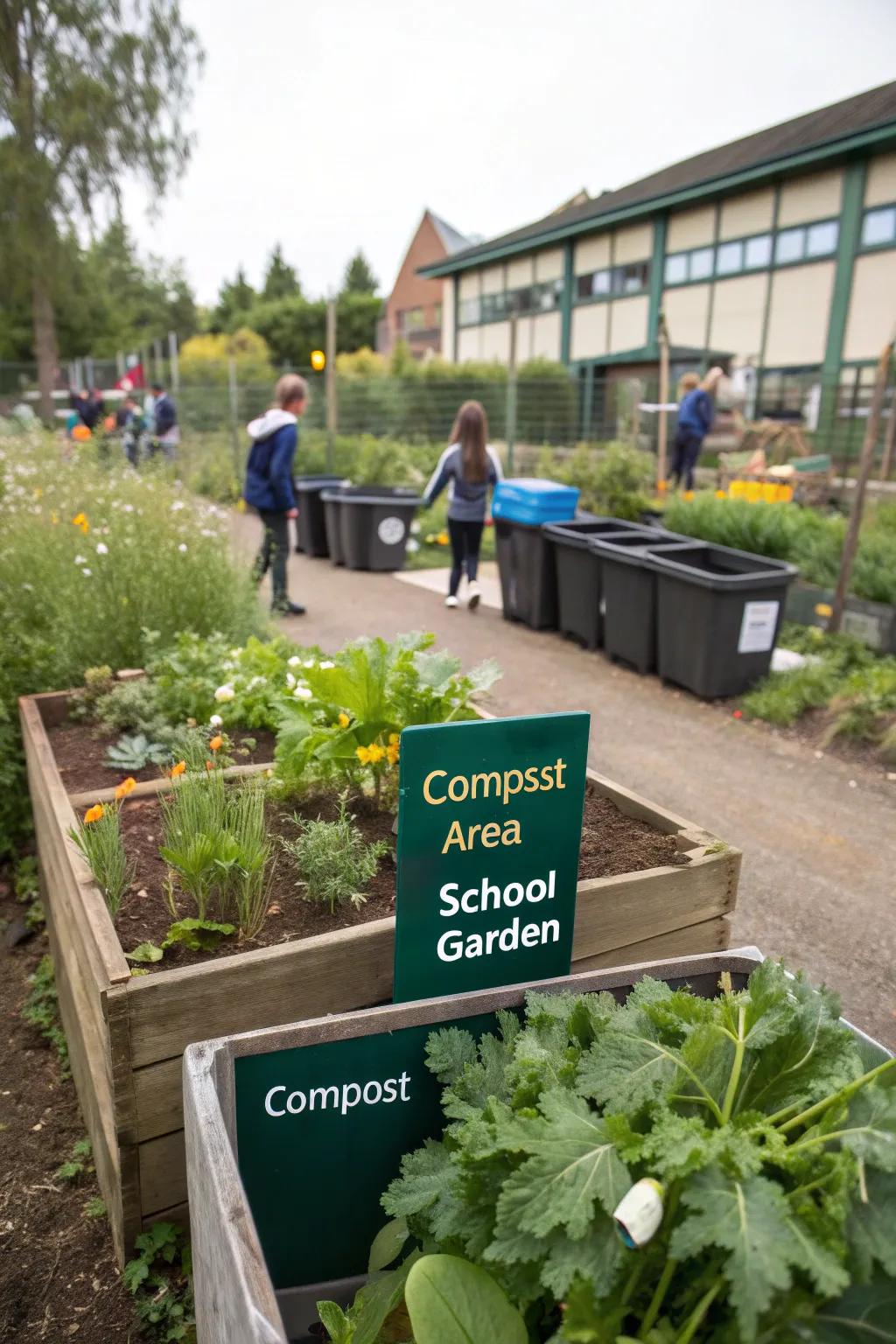 A compost area in the school garden, teaching students about sustainable practices.