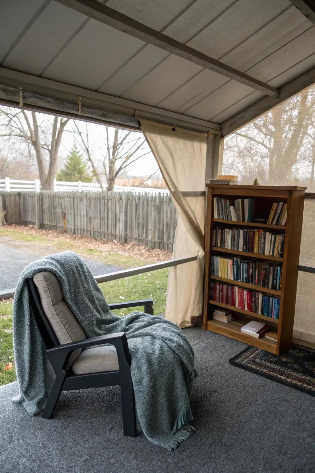 A tranquil reading nook in a screened carport.