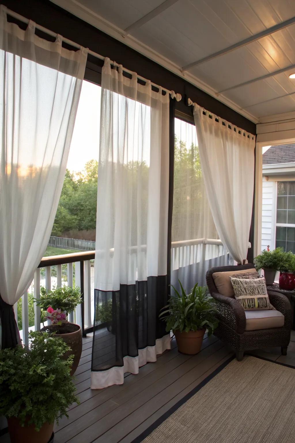 Layered curtains offer flexibility in light and privacy.