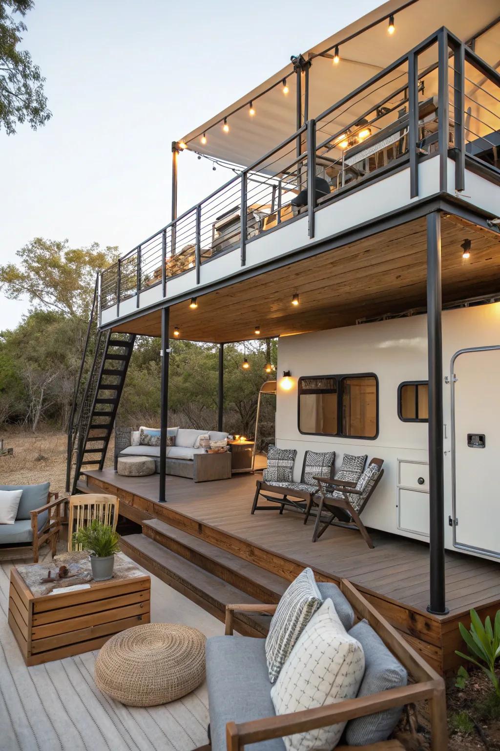 A multi-level camper deck with distinct seating areas and charm.