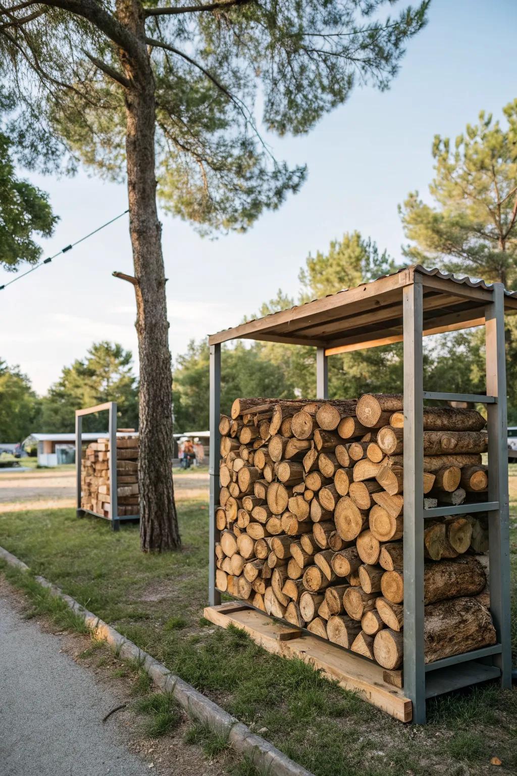 An organized firewood storage solution at the campsite.
