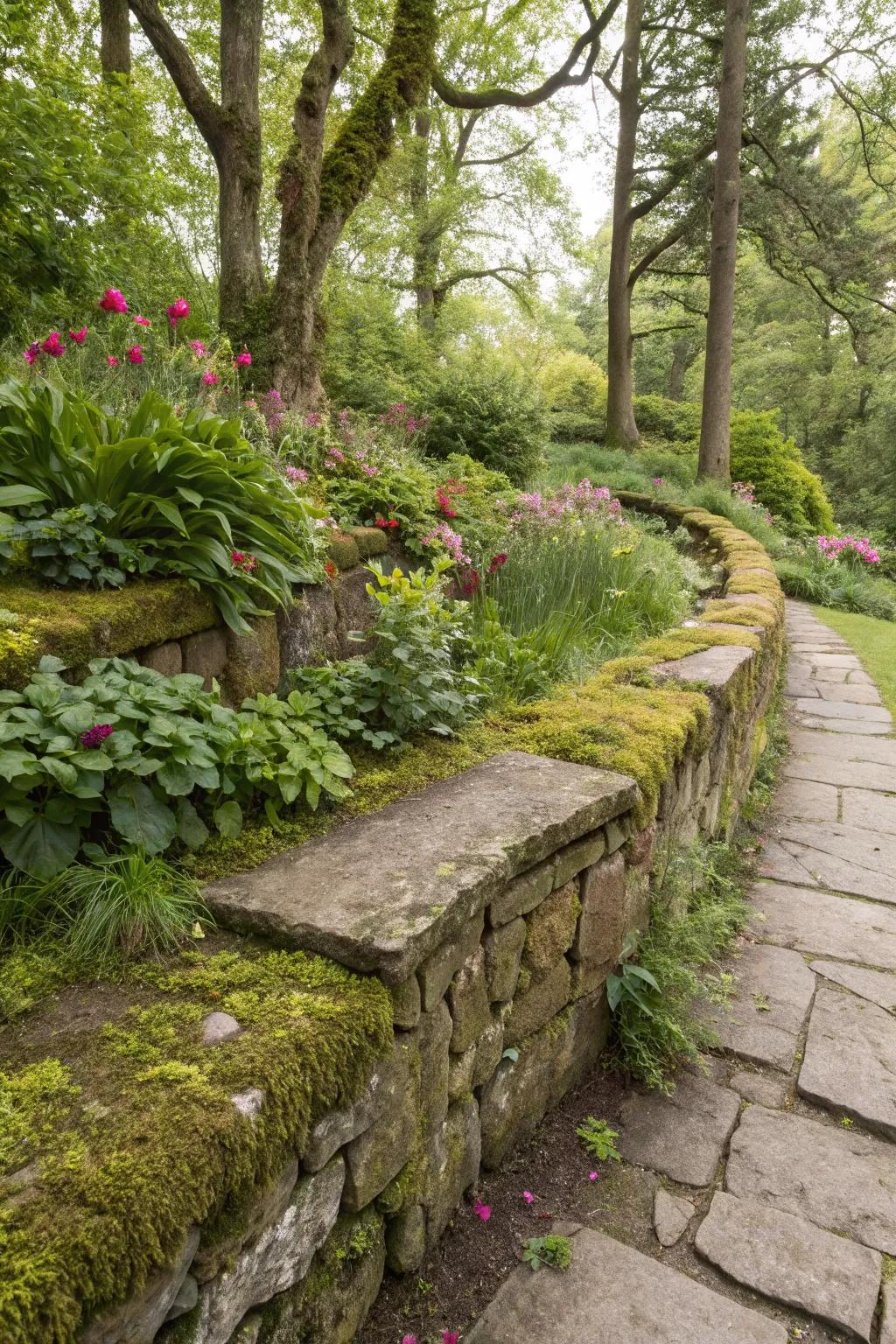 Natural stone seating wall for timeless garden elegance.