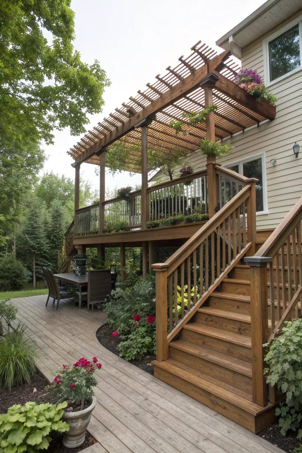 A second-story deck with stairs shaded by an elegant pergola.