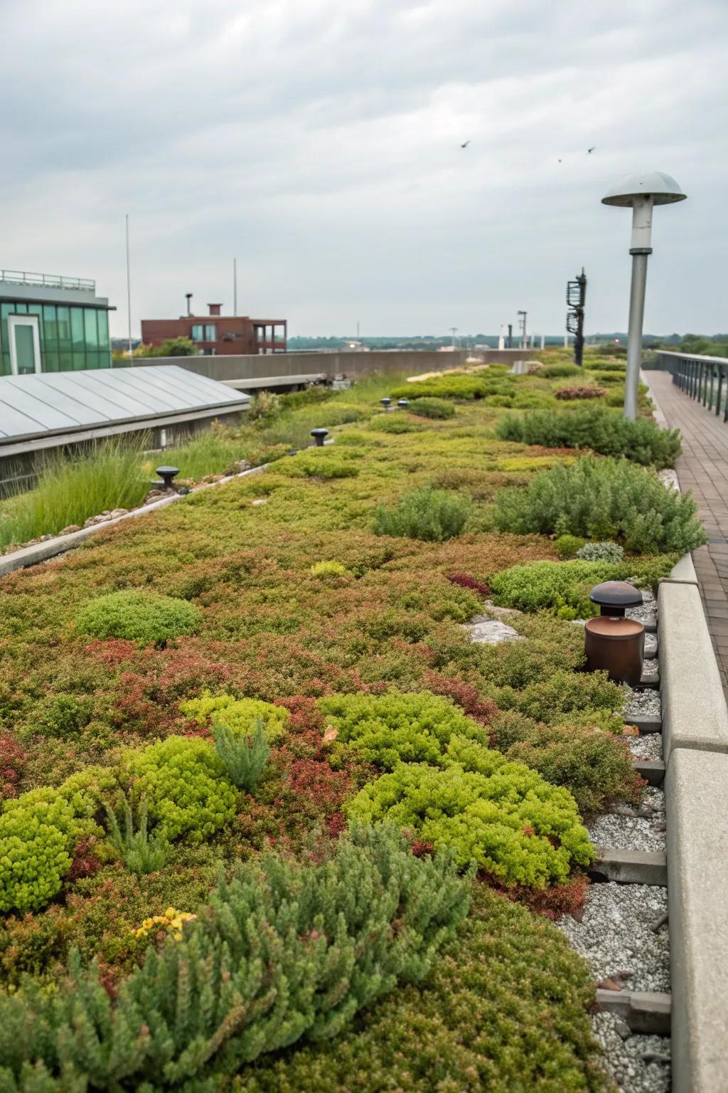 A sustainable green roof garden covered with sedum.