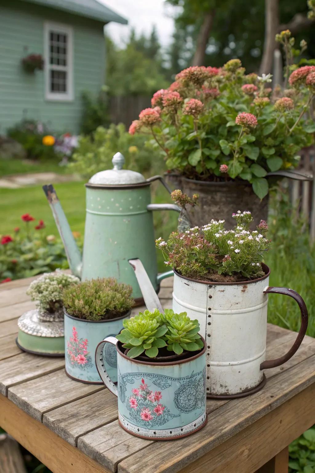 Vintage items make charming and unique sedum planters.