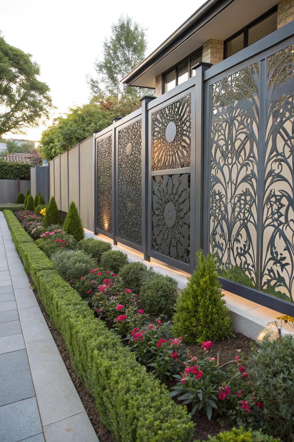 Laser-cut panels adding artistic flair to a garden fence.