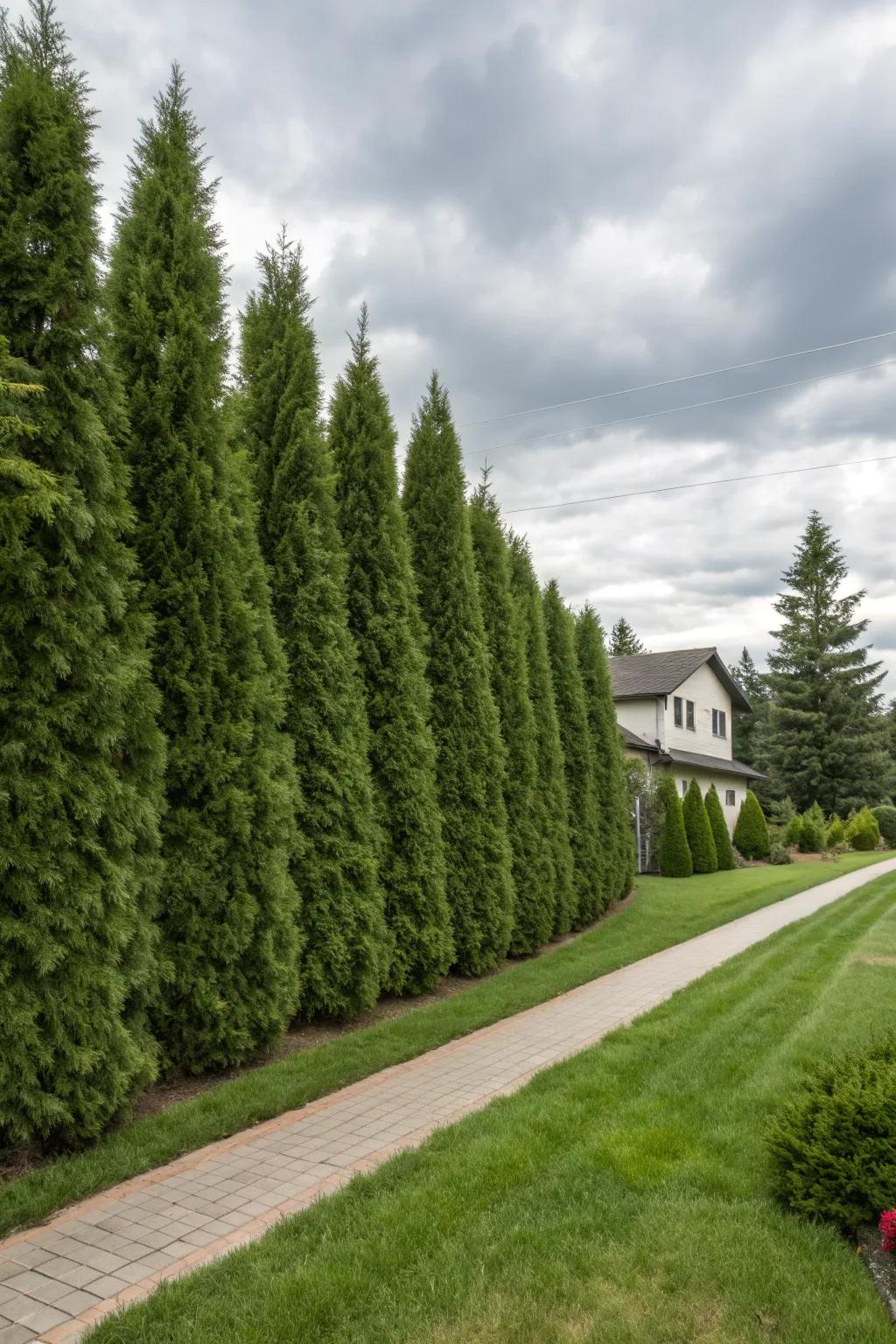 Evergreen trees providing a lush, green boundary all year round.