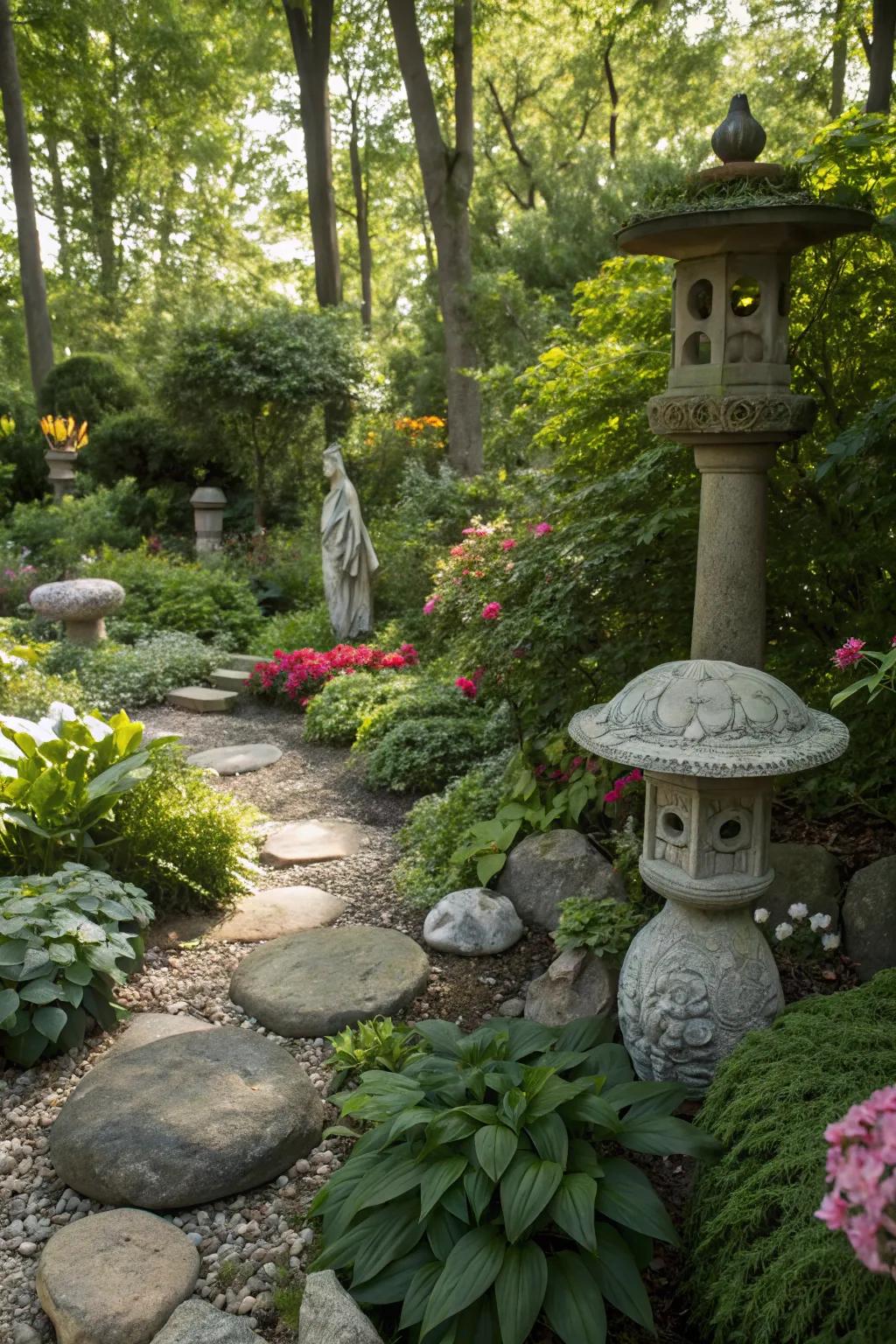 Art pieces add personality to a shade garden.