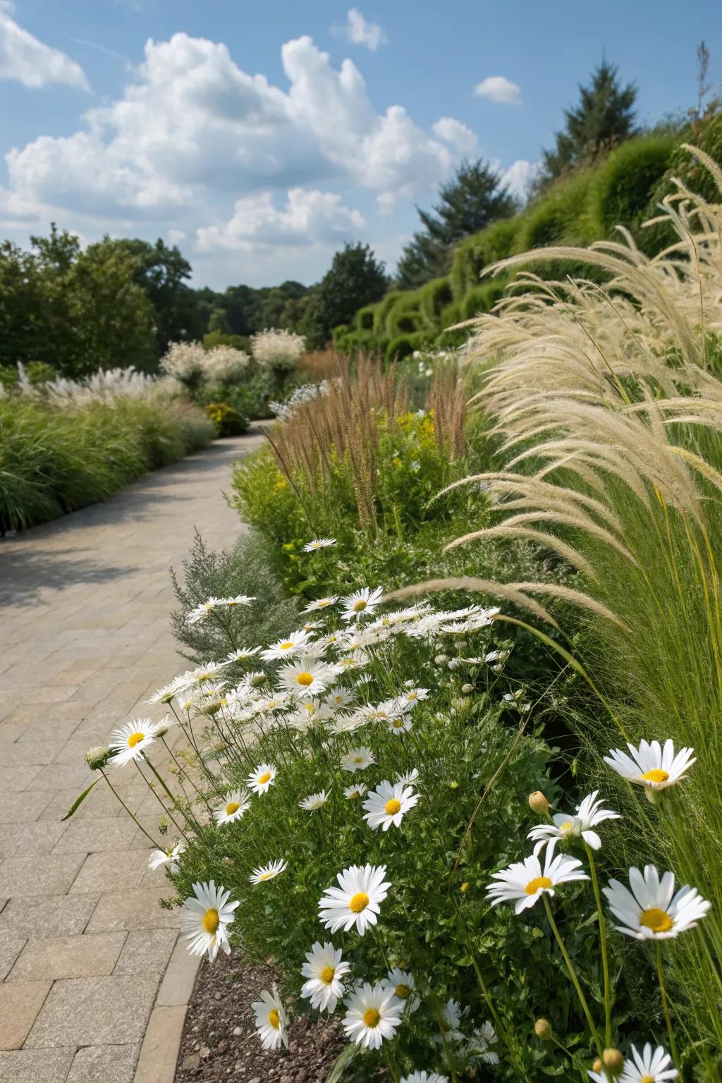 A dynamic combination of Shasta daisies and ornamental grasses.