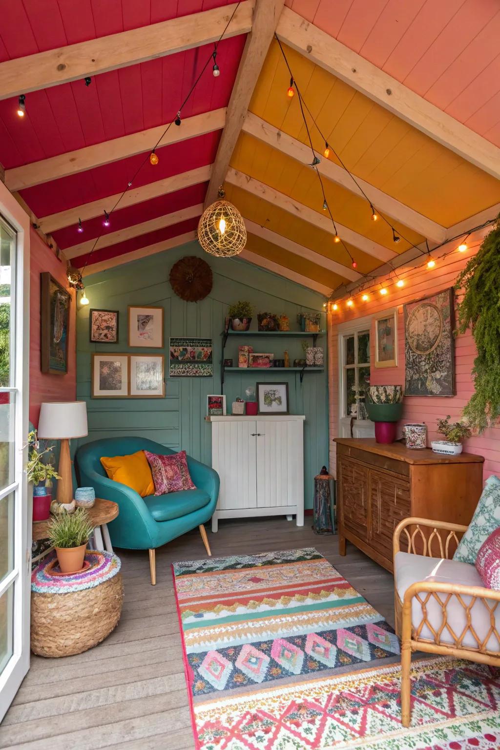 A vibrant she shed with a bold colored ceiling.