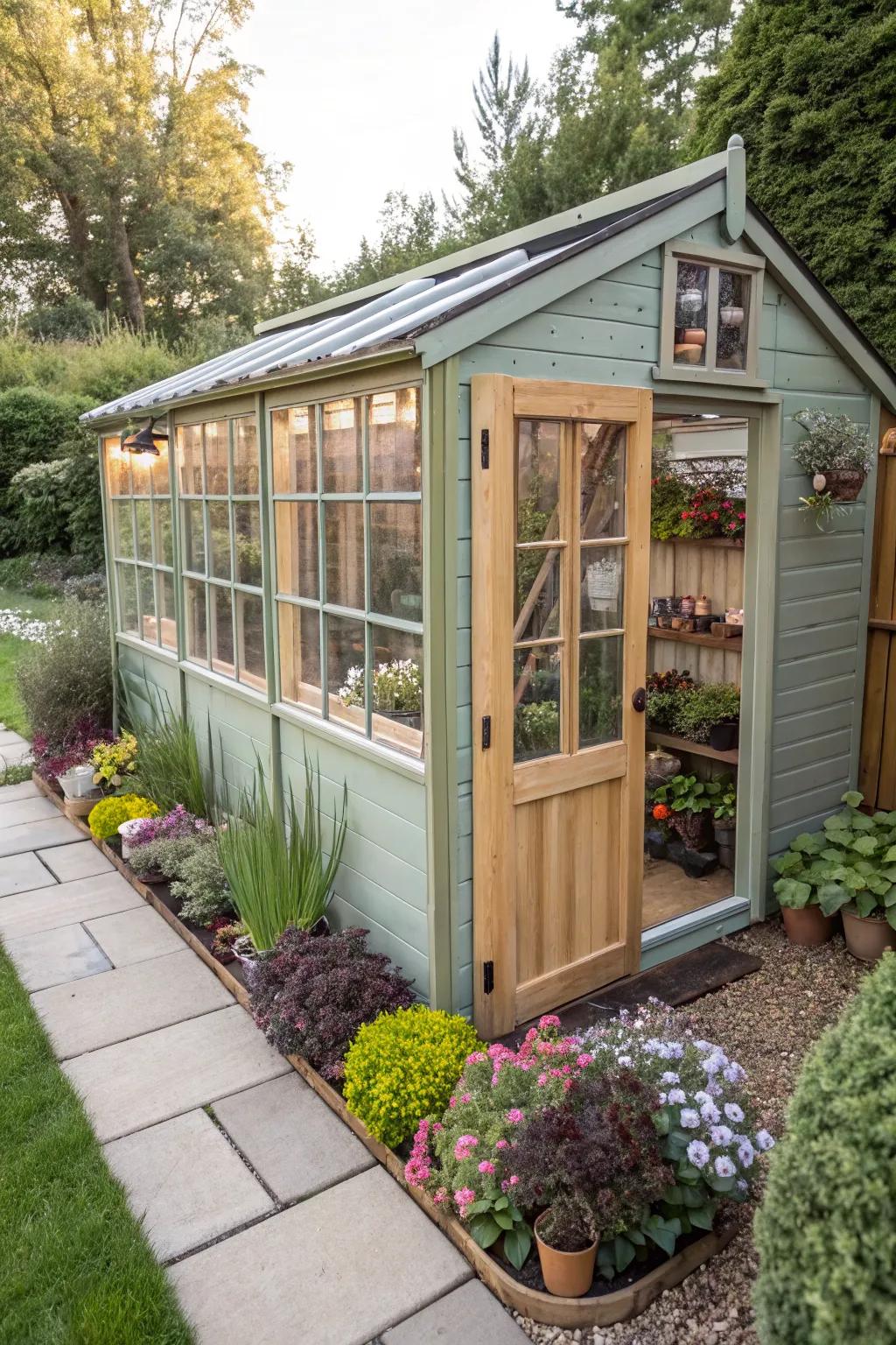 A mini greenhouse extends your gardening season and complements your she shed.