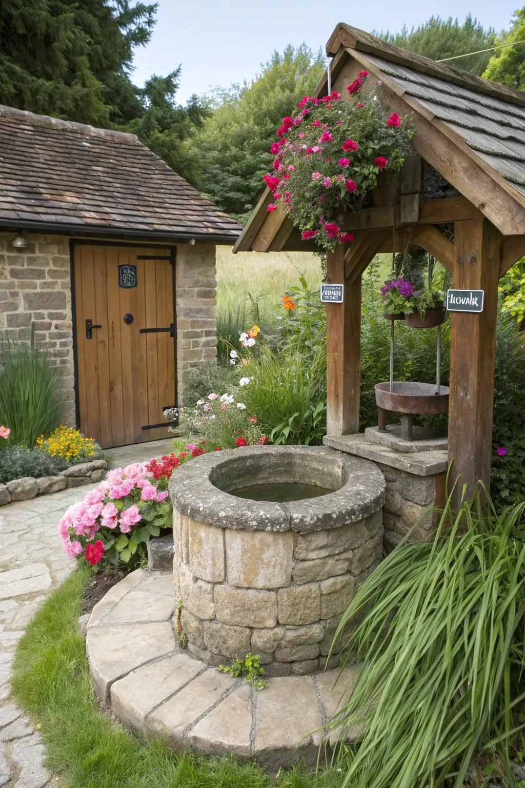 A whimsical wishing well that brings charm and function to your garden.