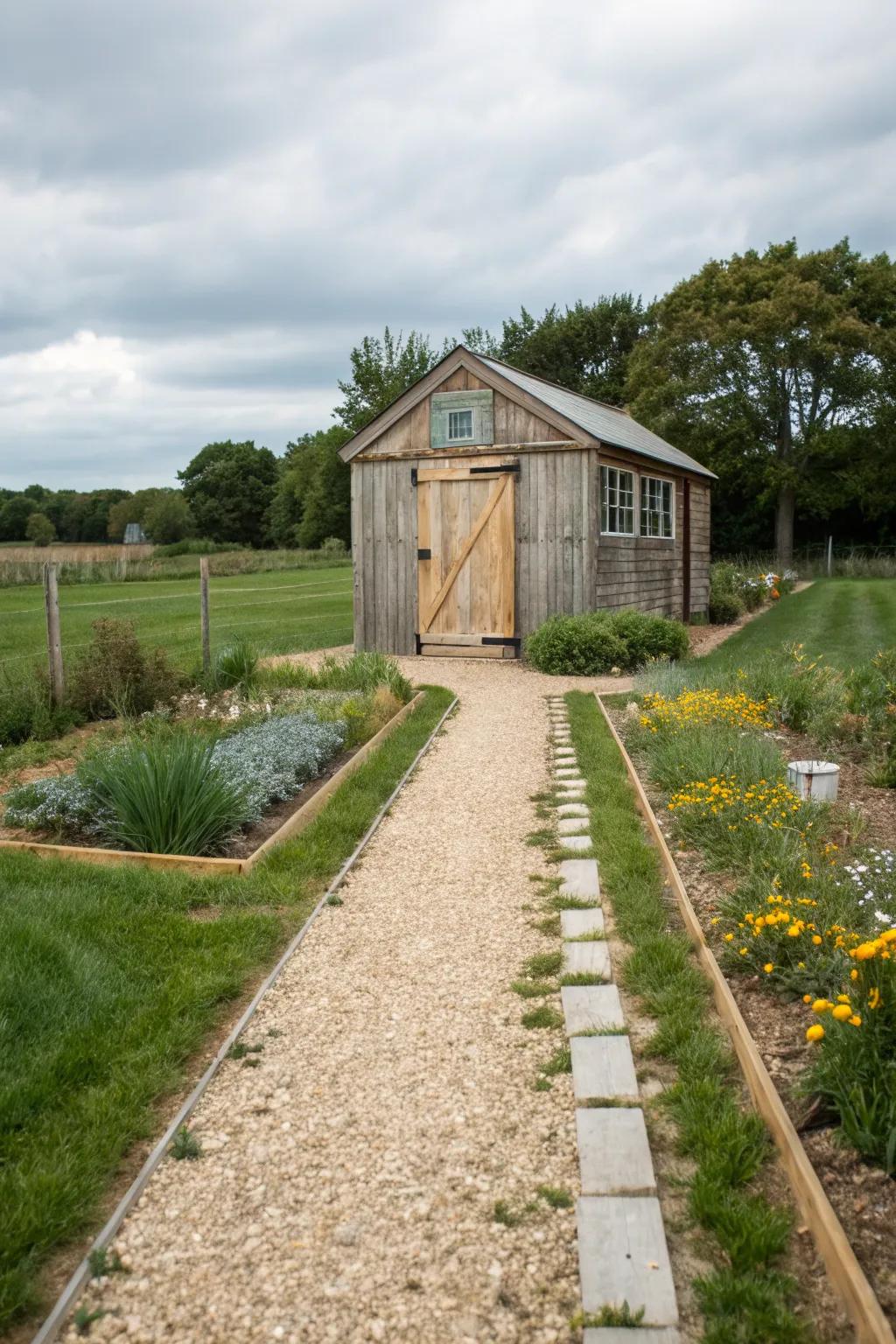 A shed with easy access via a gravel pathway.